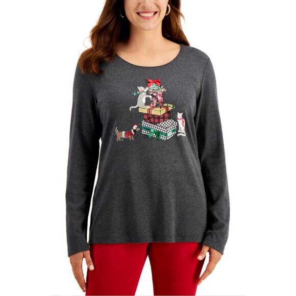 Karen Scott Glitter Top Women's PETITE SMALL Gray‎ CAT DOG Seasonal Graphic NEW - Picture 11 of 11